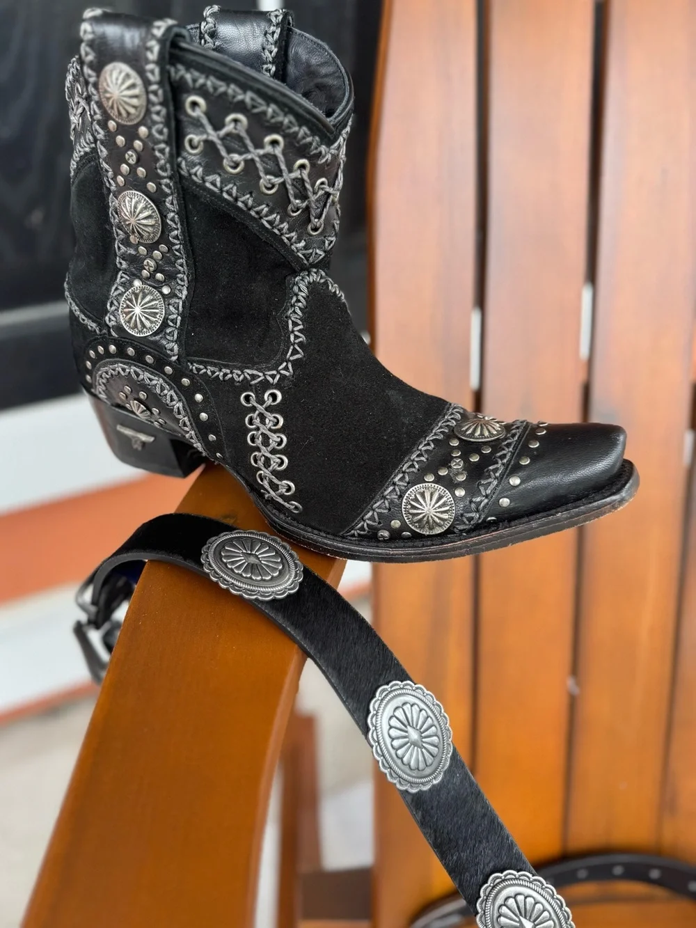 Wrangler Black Hair-On Leather Belt with Silver Conchos new with tag